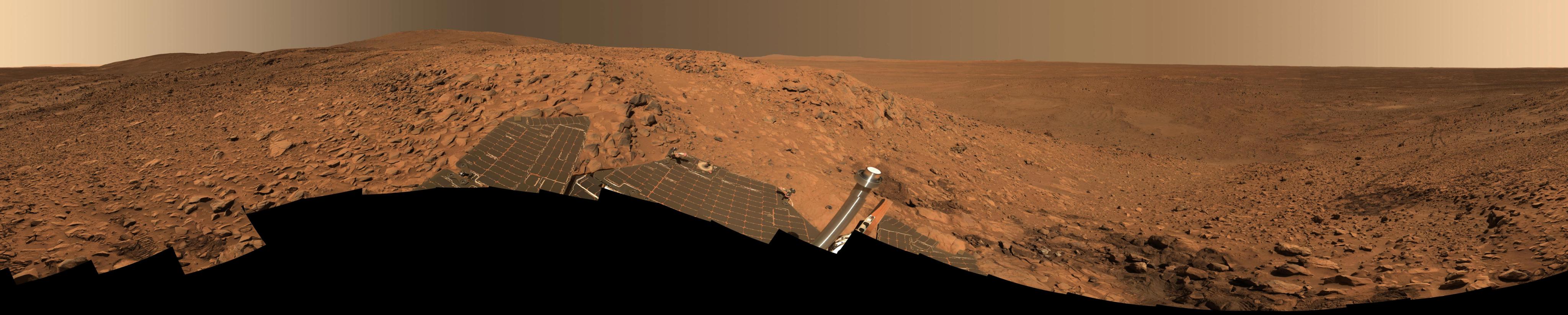 This stunning image mosaic of the "Columbia Hills" is the first 360-degree panorama taken since the Mars Exploration Rover Spirit arrived at the hills over a month ago.