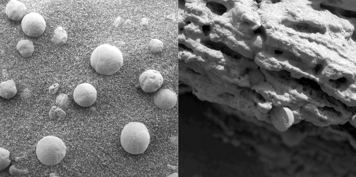 The left image shows an extreme close-up of round, blueberry-shaped formations in the martian soil near a part of the rock outcrop at Meridiani Planum called Stone Mountain.
