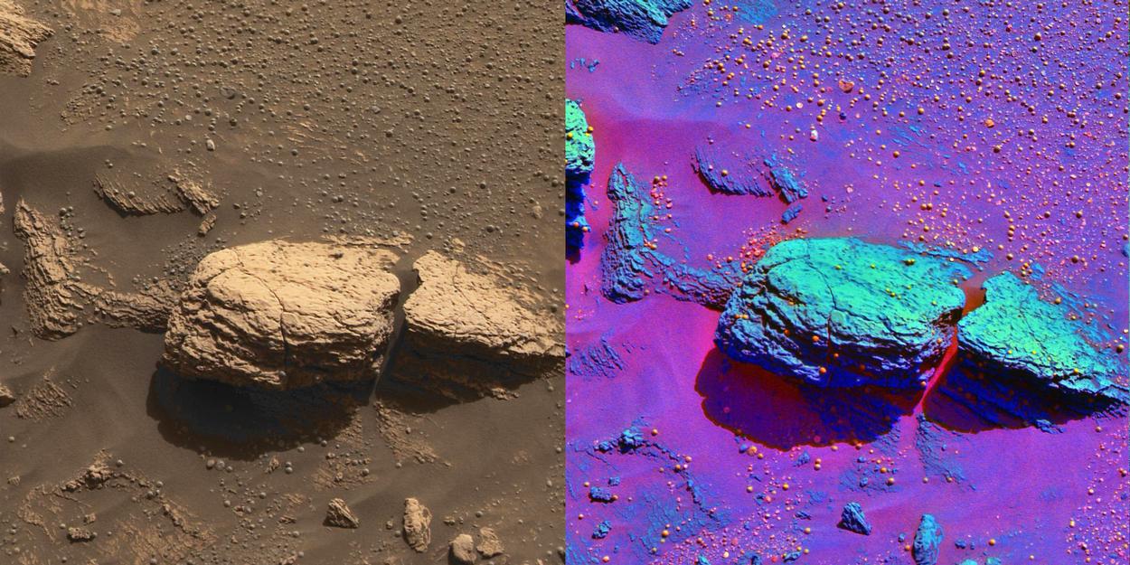 The color image on the left was taken by the panoramic camera onboard the Mars Exploration Rover Opportunity shows the part of the rock outcrop dubbed Stone Mountain at Meridiani Planum, Mars.