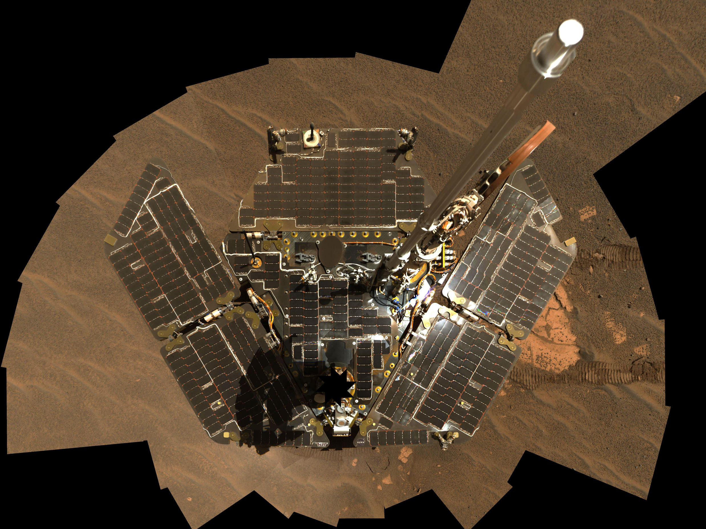 Opportunity used its panoramic camera to take the images combined into this mosaic view of the rover.