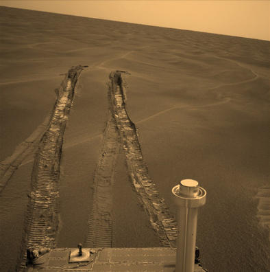 Opportunity's wheels dug more than 10 centimeters (4 inches) deep into the soft, sandy material of a wind-shaped ripple in Mars' Meridiani Planum region during the rover's 446th martian day, or sol (April 26, 2005).