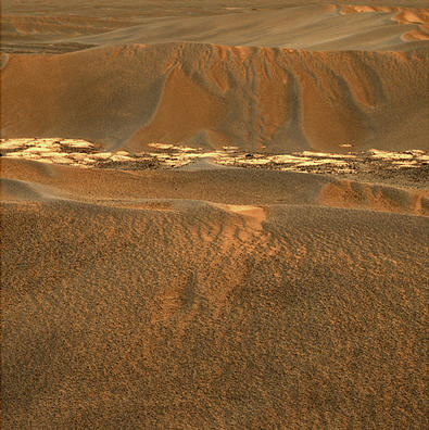 These images of a sand "ripple" were acquired by Opportunity using its panoramic camera on sol 644 and its navigation camera on sol 645.