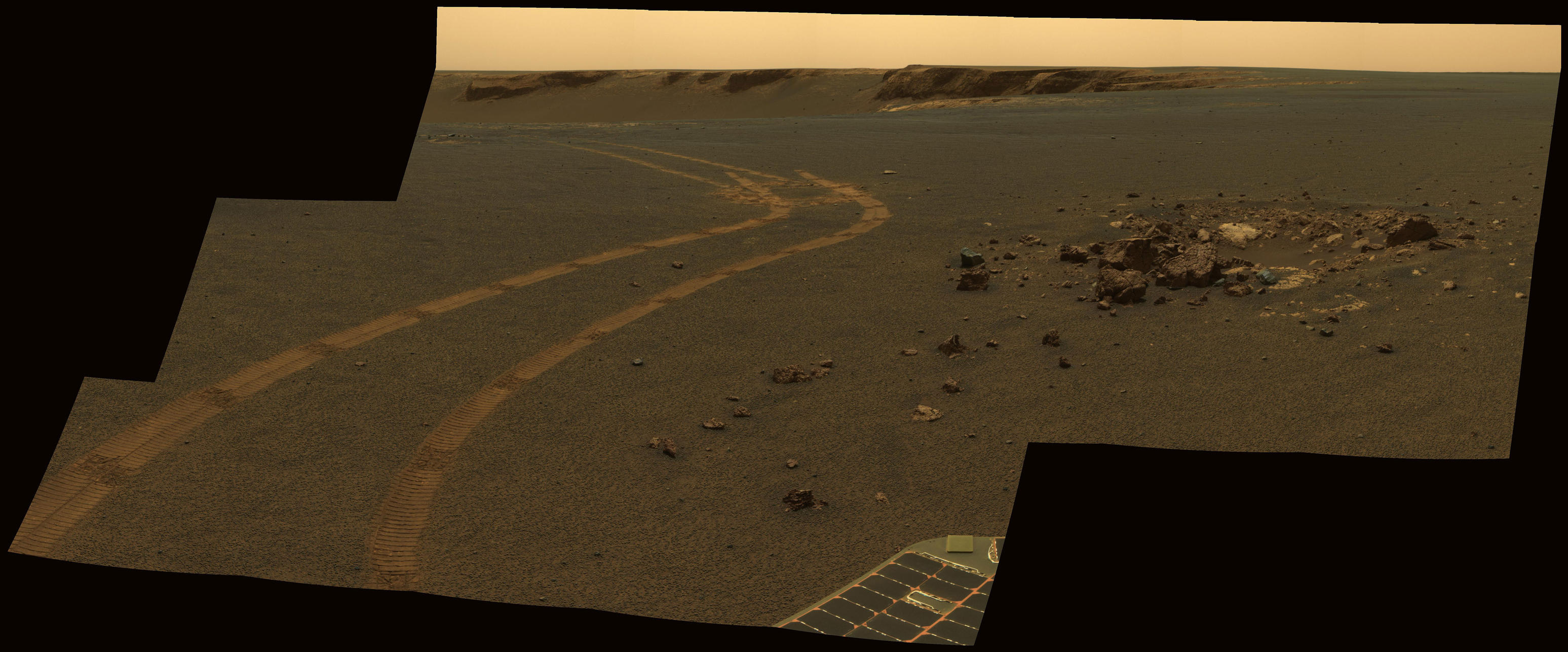 NASA's twin Mars Exploration Rovers got smarter as they got older. This view from Opportunity shows the tracks left by a drive executed with more onboard autonomy than has been used on any other drive by a Mars rover.