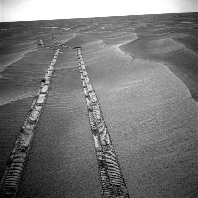 Opportunity used its navigation camera for this northward view of tracks the rover left on a drive from one energy-favorable position on a sand ripple to another.