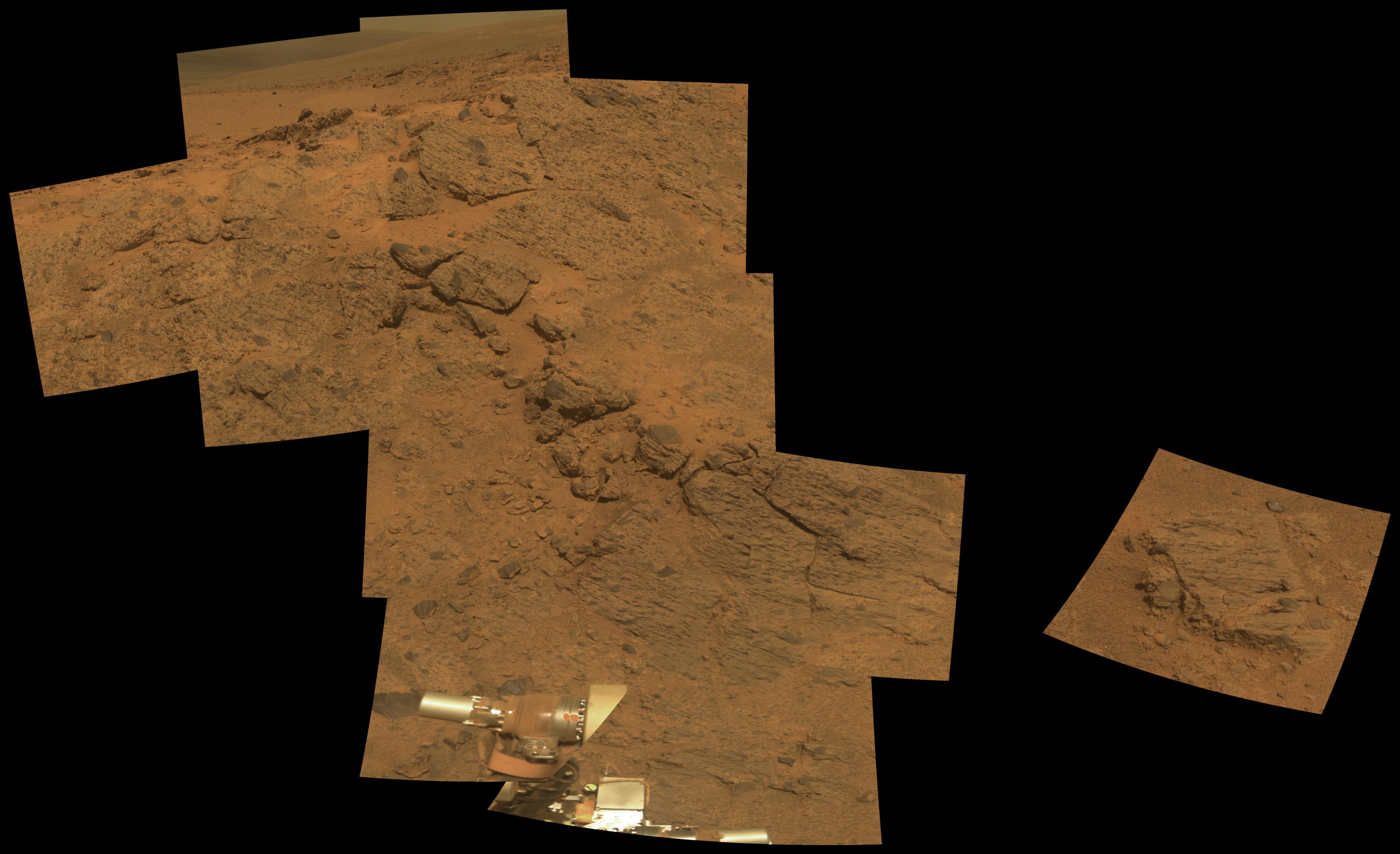 NASA's Mars Exploration Rover Opportunity observed this outcrop on the "Murray Ridge" portion of the rim of Endeavour Crater as the rover approached the 10th anniversary of its landing on Mars.