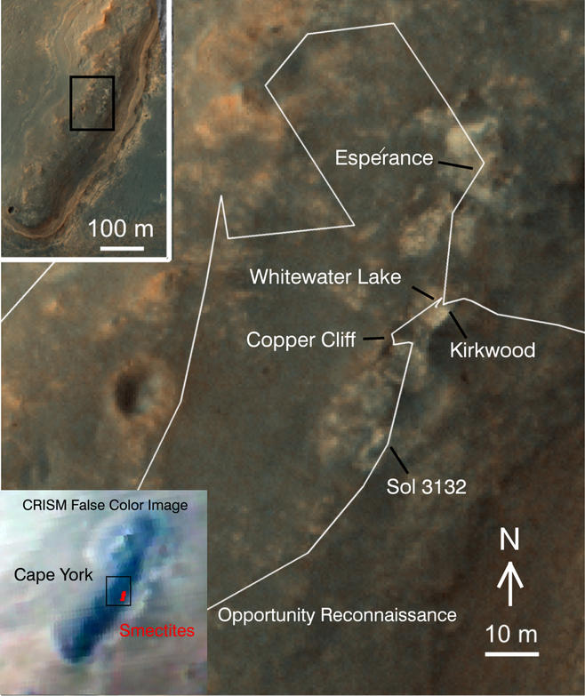 A region known as "Cape York" on the western rim of Endeavour Crater, where NASA's Mars Exploration Rover Opportunity worked for 20 months, is highlighted in these images.