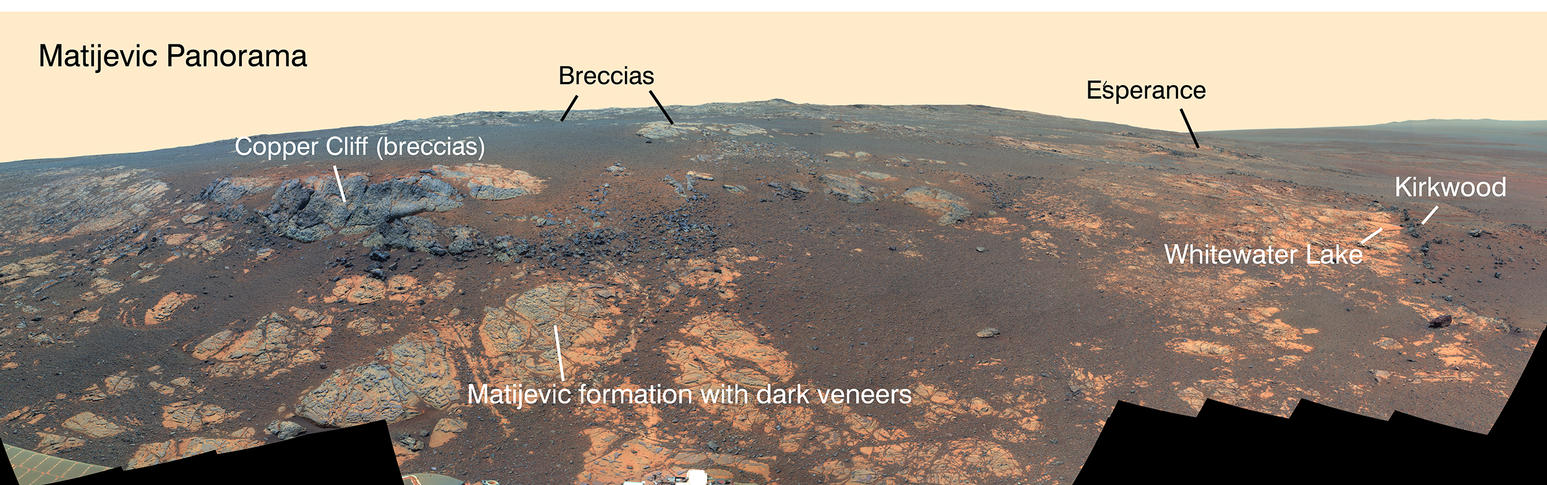 NASA's Mars Exploration Rover Opportunity used its panoramic camera (Pancam) to capture this false-color panorama of the "Matijevic Hill" area on the "Cape York" segment of the western rim of Endeavour Crater.
