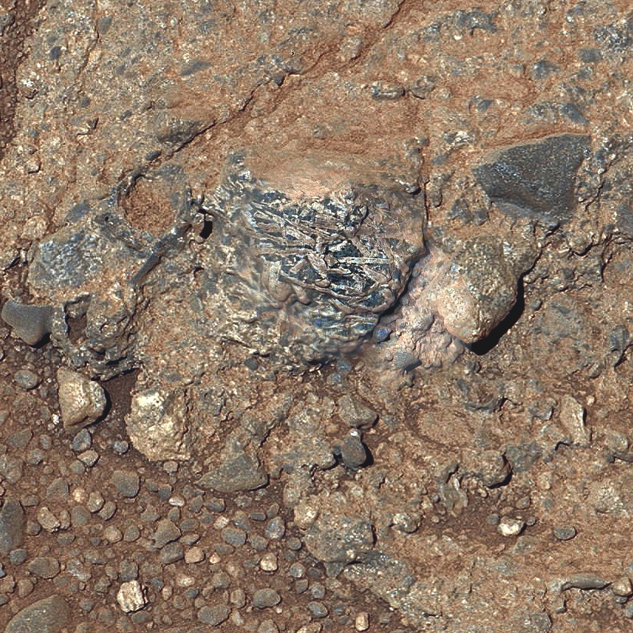 This view of a Martian rock target called "Harrison" merges images from two cameras on NASA's Curiosity Mars rover to provide both color and microscopic detail.