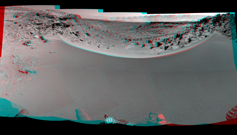 This stereo mosaic of images from the Navigation Camera (Navcam) on NASA's Mars rover Curiosity shows the terrain to the west from the rover's position on the 528th Martian day, or sol, of the mission (Jan. 30, 2014).