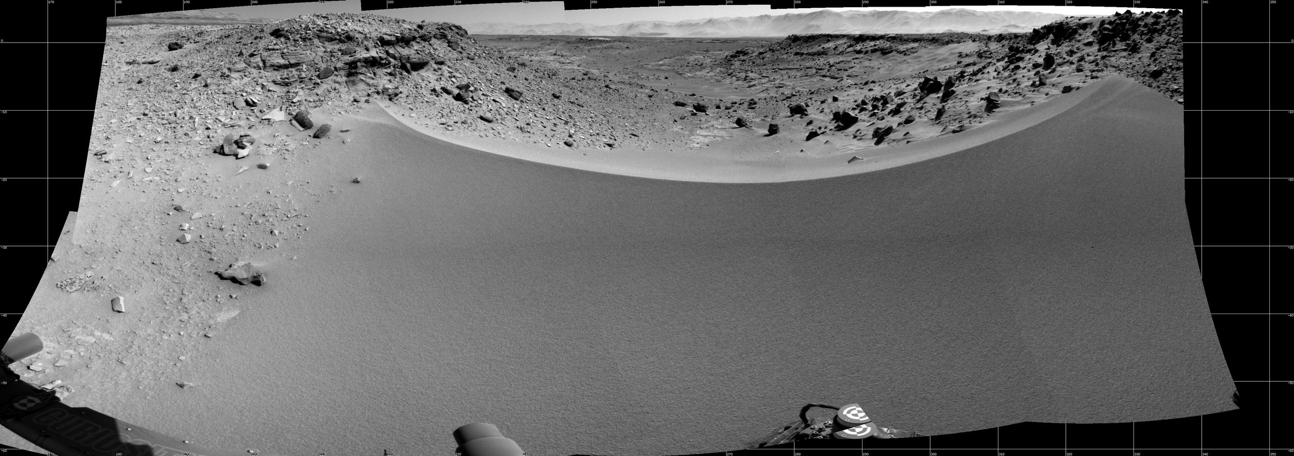 This mosaic of images from the Navigation Camera (Navcam) on NASA's Mars rover Curiosity shows the terrain to the west from the rover's position on the 528th Martian day, or sol, of the mission (Jan. 30, 2014).