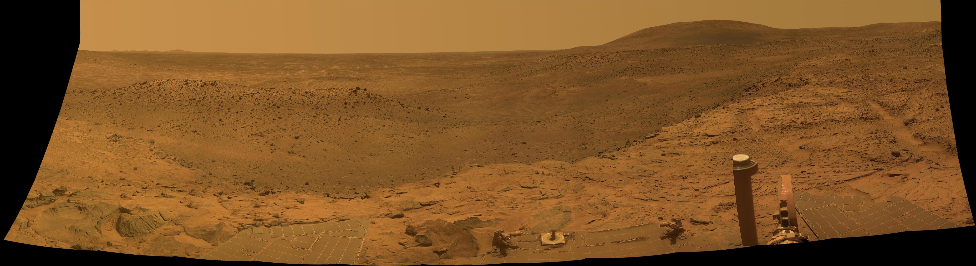 NASA'S Mars Exploration Rover Spirit captured this westward view from atop a low plateau where Sprit spent the closing months of 2007.