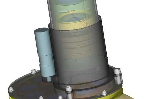 The image shows a cylindrical telephoto/zoom lens chamber that houses the camera lenses for the Mastcam attached to a square camera electronics box.