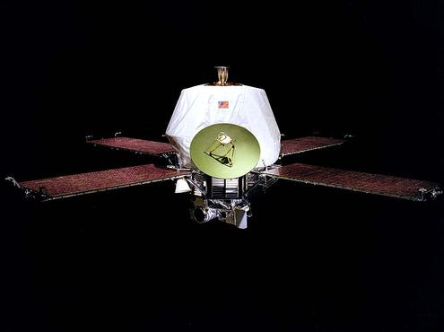 Cut out view of Mariner 9 with its four solar panels deployed.