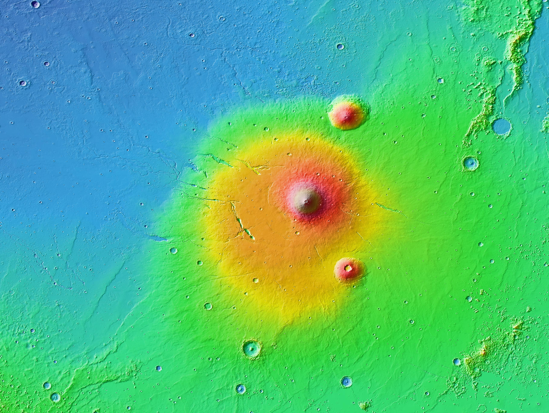 This is a colorized topographic map of the volcanic province Elysium, together with its surroundings, from the Mars Orbiter Laser Altimeter (MOLA) instrument of the Mars Global Surveyor spacecraft.
