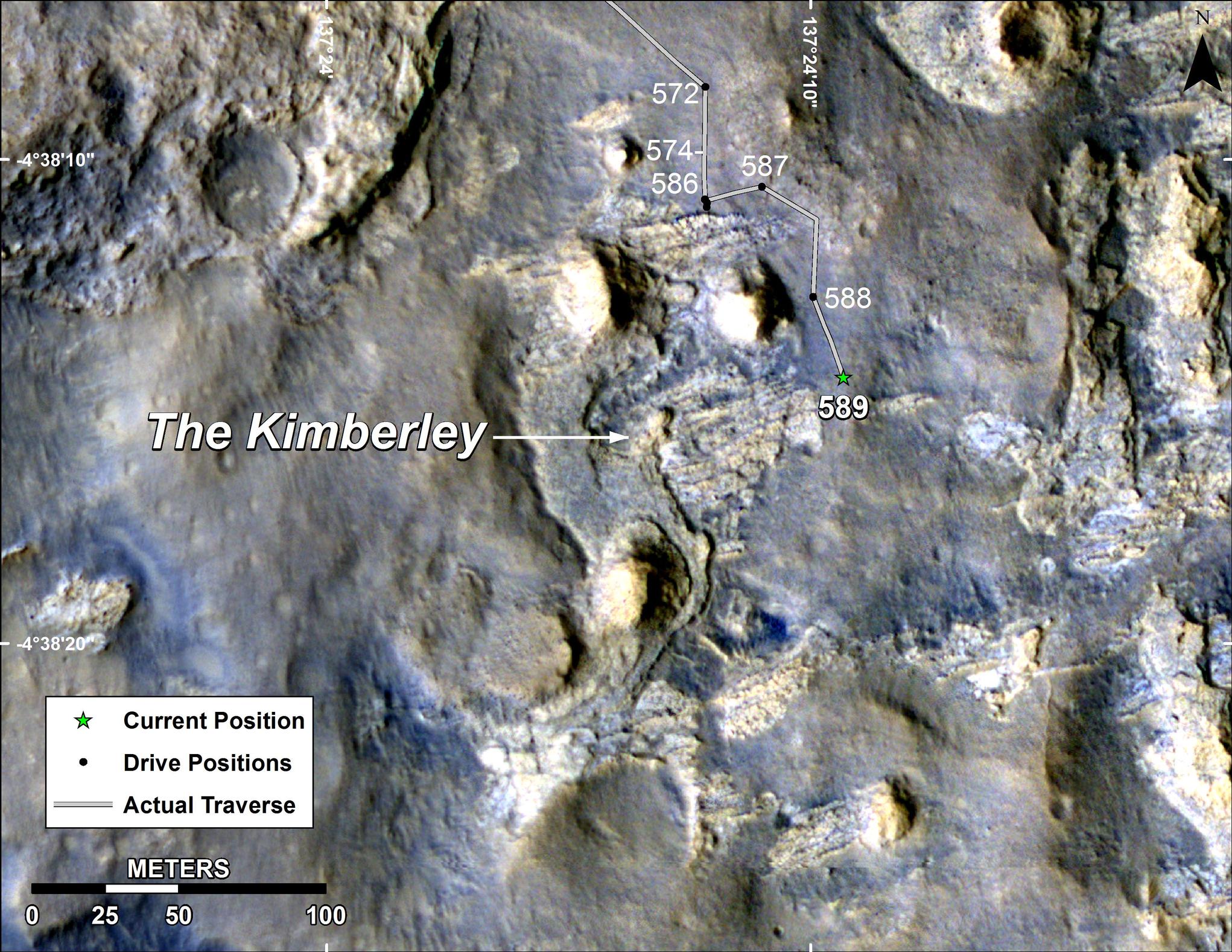 This map shows the route driven by NASA's Curiosity Mars in its approach to and April 1, 2014, arrival at a waypoint called "the Kimberley," which rover team scientists chose in 2013 as the location for the mission's next major investigations.