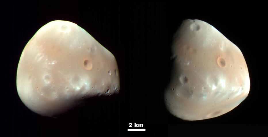 Deimos has a smooth surface due to a blanket of fragmental rock or regolith, except for the most recent impact craters. It is a dark, reddish object, very similar to Mars' other moon, Phobos.
