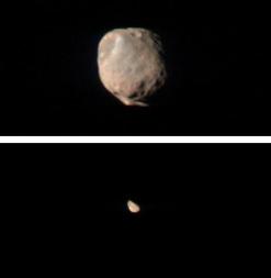 These two images show Mars' two small moons, Phobos and Deimos in color.  Phobos is the bigger moon and it is at the top, while Deimos is the smaller moon and is at the bottom.  Both are odd, potato-shaped.