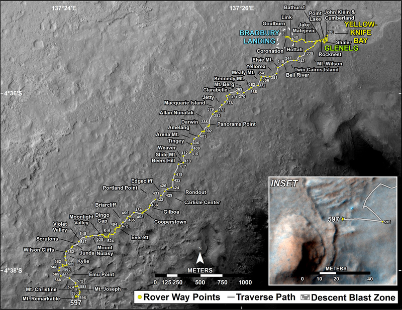 This map shows the route driven by NASA's Mars rover Curiosity through the 597 Martian day, or sol, of the rover's mission on Mars (April 11, 2014).