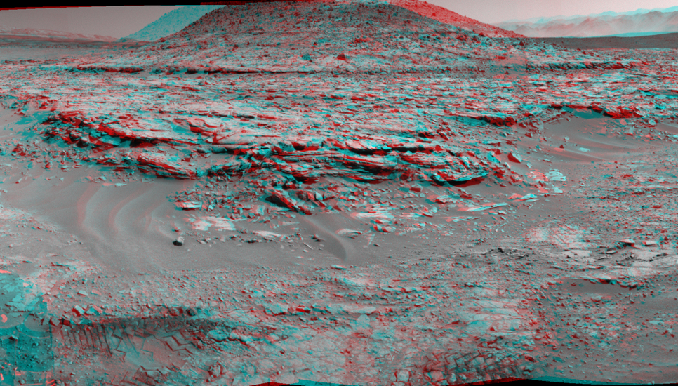 NASA's Curiosity Mars rover used its Navigation Camera (Navcam) to record this stereo scene of a butte called "Mount Remarkable" and surrounding outcrops at a waypoint called "the Kimberley" inside Gale Crater.