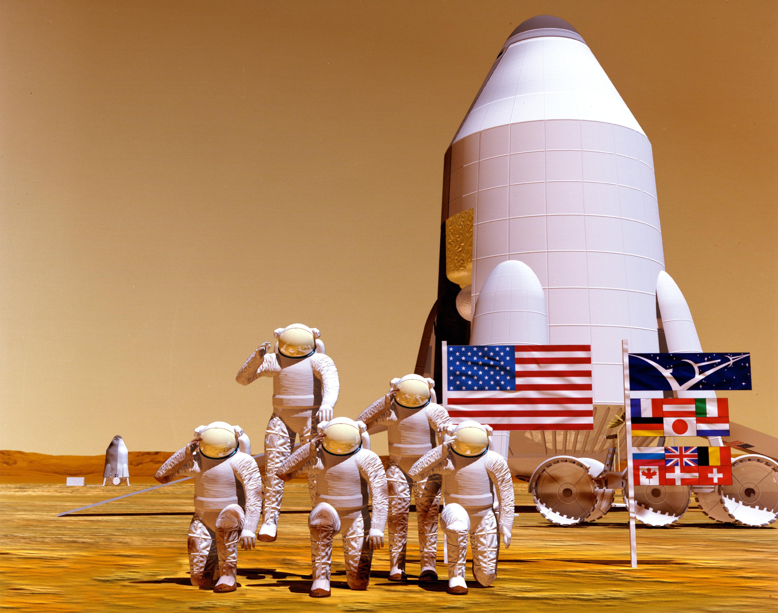 In this artist's concept, a full crew of astronauts on Mars salutes in a tribute to humans on Earth.
