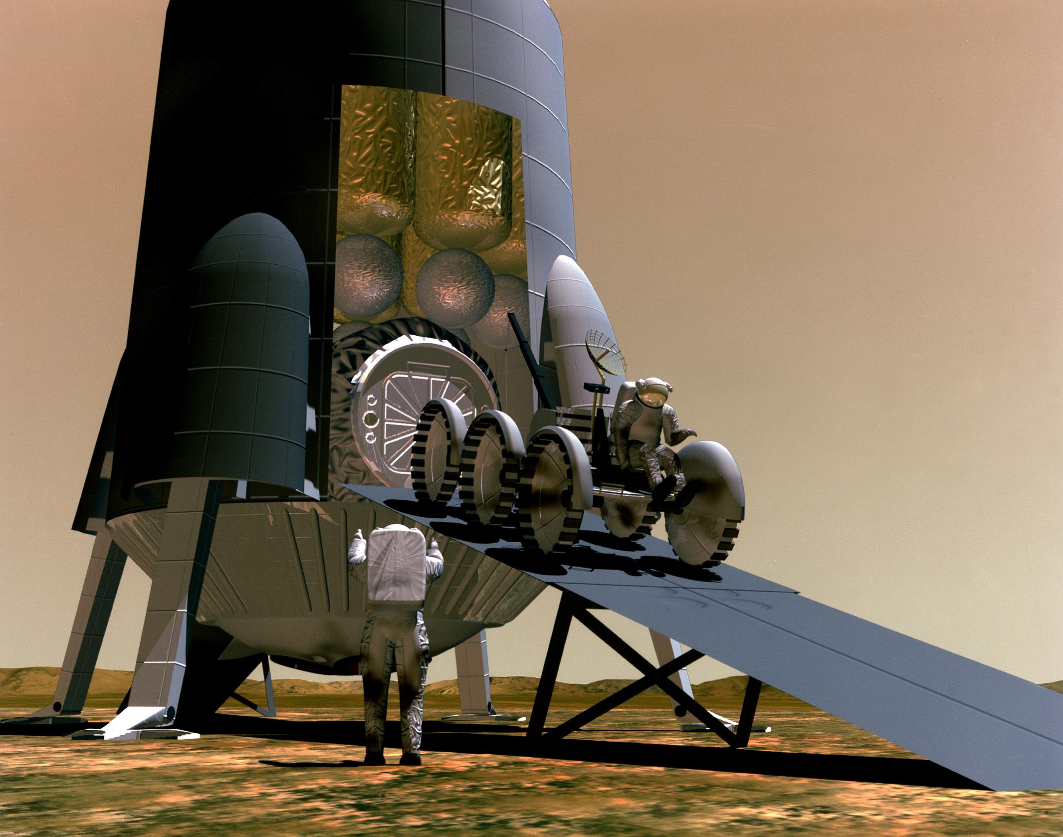 In this artist's concept, astronauts work with a rover to unload cargo necessary for their survival.