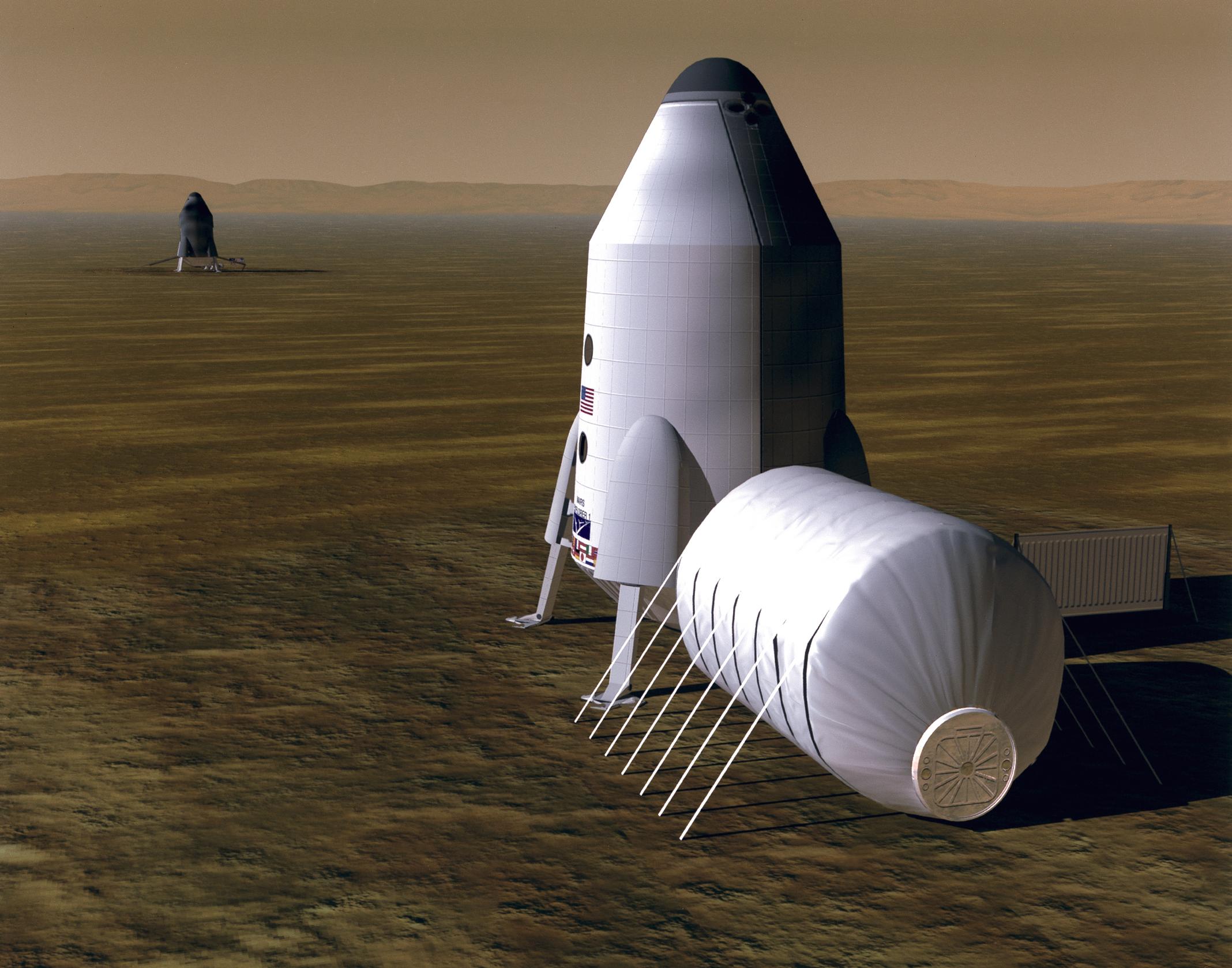 In this artist's concept, a human habitat on Mars is located a short distance from an ascent vehicle that will carry them off the planet later, and a place where fuel is made.