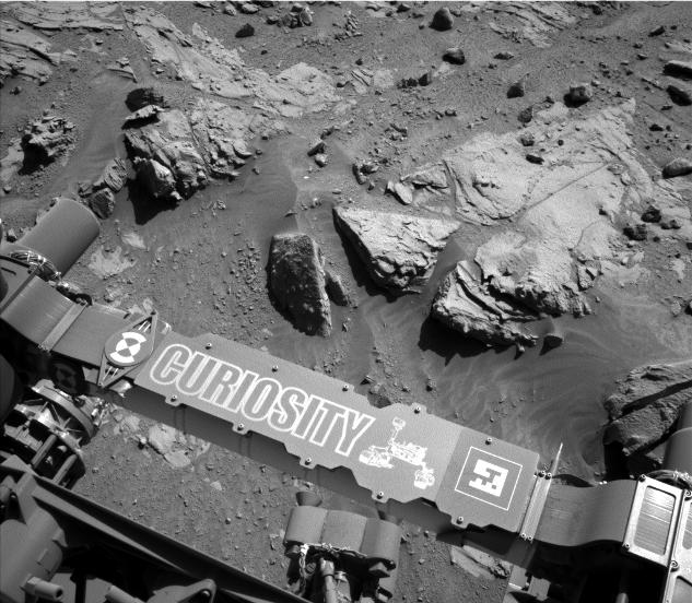 This image from the Navigation Camera on NASA's Curiosity Mars rover shows a sandstone slab on which the rover team has selected a target, "Windjana," for close-up examination.
