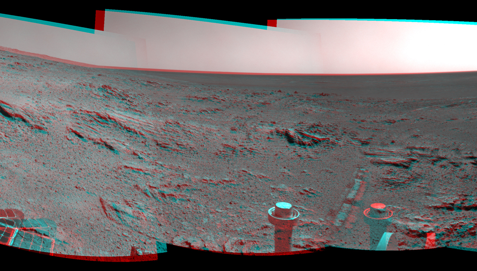 NASA's Mars Exploration Rover Opportunity used its navigation camera to capture the component images for this stereo, 360-degree panorama near the ridgeline of Endeavour Crater's western rim.