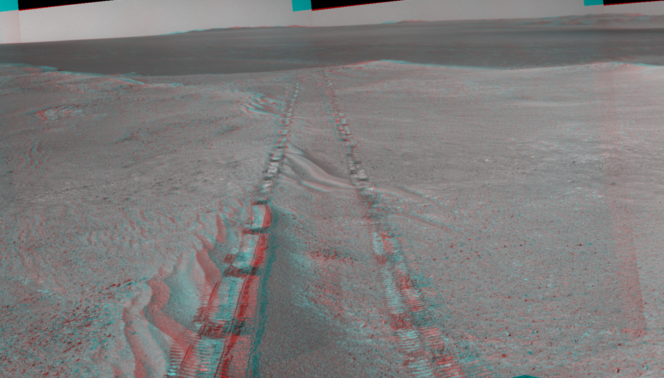 The component images for this stereo, 360-degree panorama were taken by the navigation camera on NASA's Mars Exploration Rover Opportunity after the rover drove about 97 feet (29.5 meters) during the mission's 3,642nd Martian day, or sol (April 22, 2014).