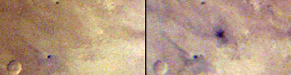 This pair of images taken one day apart by the Mars Color Imager (MARCI) weather camera on NASA's Mars Reconnaissance Orbiter reveals when an asteroid impact made the scar seen in the right-hand image.  The left image was taken during Martian afternoon on March 27, 2012; the right one on the afternoon of March 28, 2012.