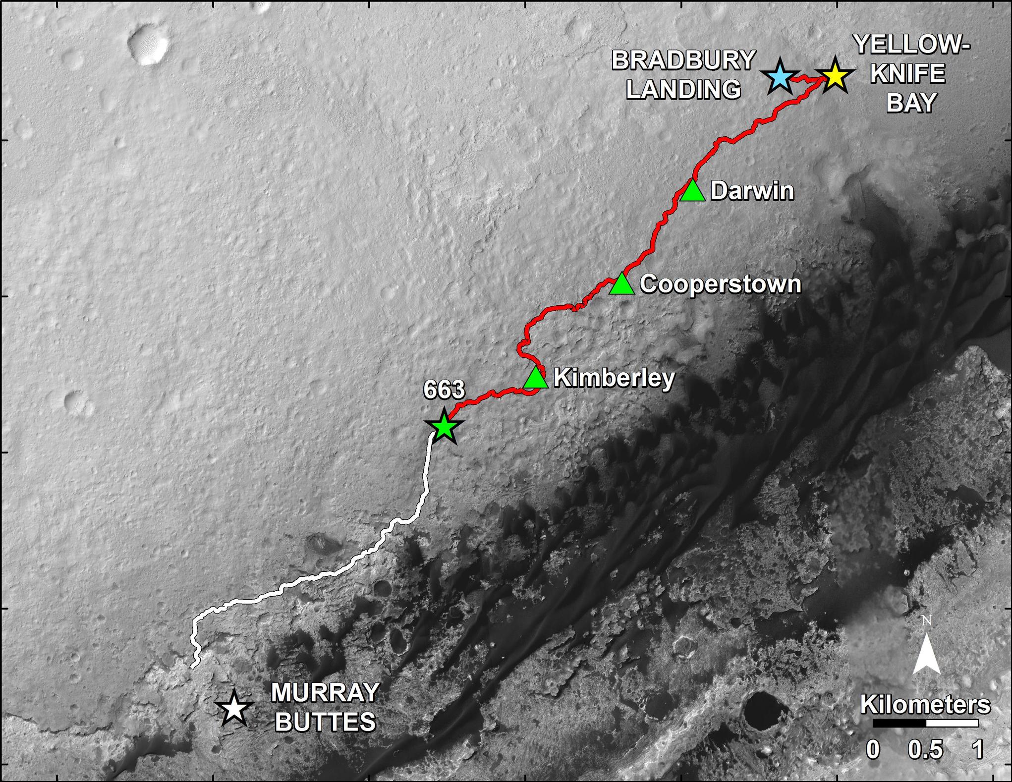 This map shows in red the route driven by NASA's Curiosity Mars rover from the "Bradbury Landing" location where it landed in August 2012 to nearly the completion of its first Martian year. The white line shows the planned route ahead. The rover's June 18, 2014, location is marked as 663.