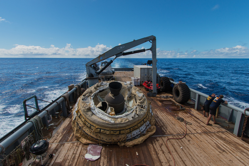The first "flown" test vehicle of Low-Density Supersonic Decelerator project relaxes aboard the recovery vessel Kahana.
