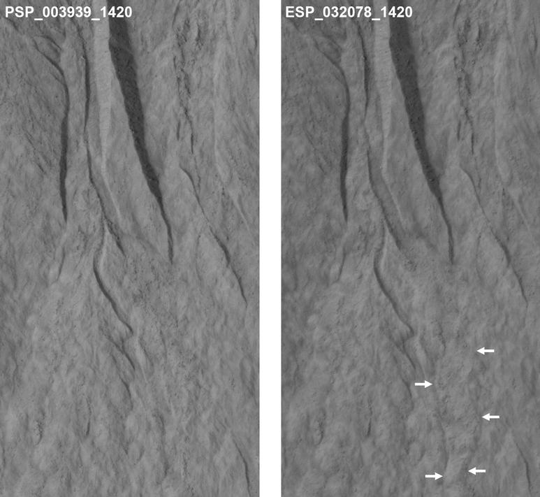 This pair of images covers one of many sites on Mars where researchers use the HiRISE camera on NASA's Mars Reconnaissance Orbiter to study changes in gullies on slopes.  Changes such as the ones visible in deposits near the lower end of this gully occur during winter and early spring on Mars.