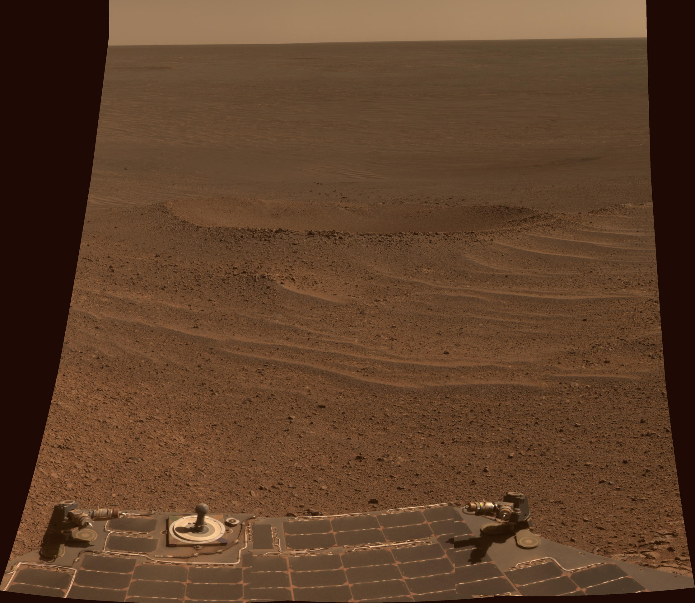 This scene from NASA's Mars Exploration Rover Opportunity shows "Lunokhod 2 Crater," which lies south of "Solander Point" on the west rim of Endeavour Crater.