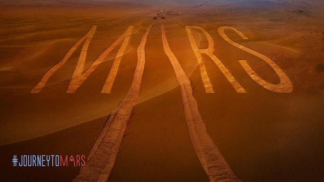 Mars, rover tracks, wheels, and the Martian surface are represented in this image