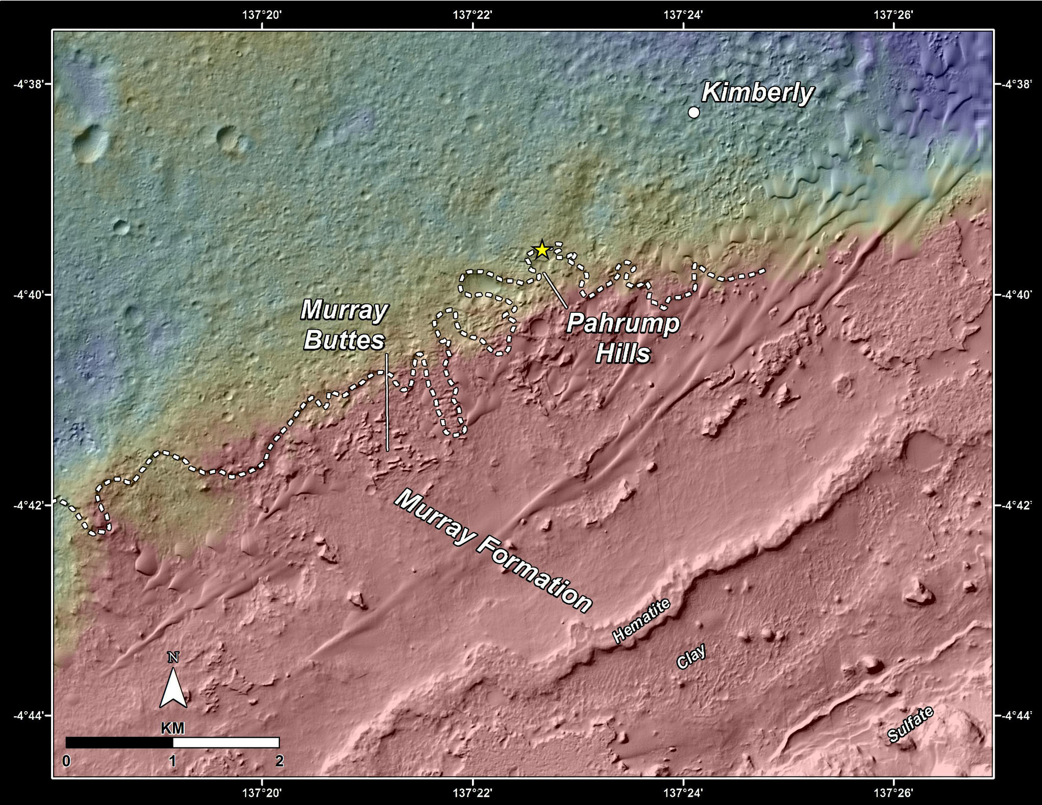 This topography map shows a portion of the Gale Crater region on Mars, where NASA's Mars Curiosity rover landed on August 6, 2012.