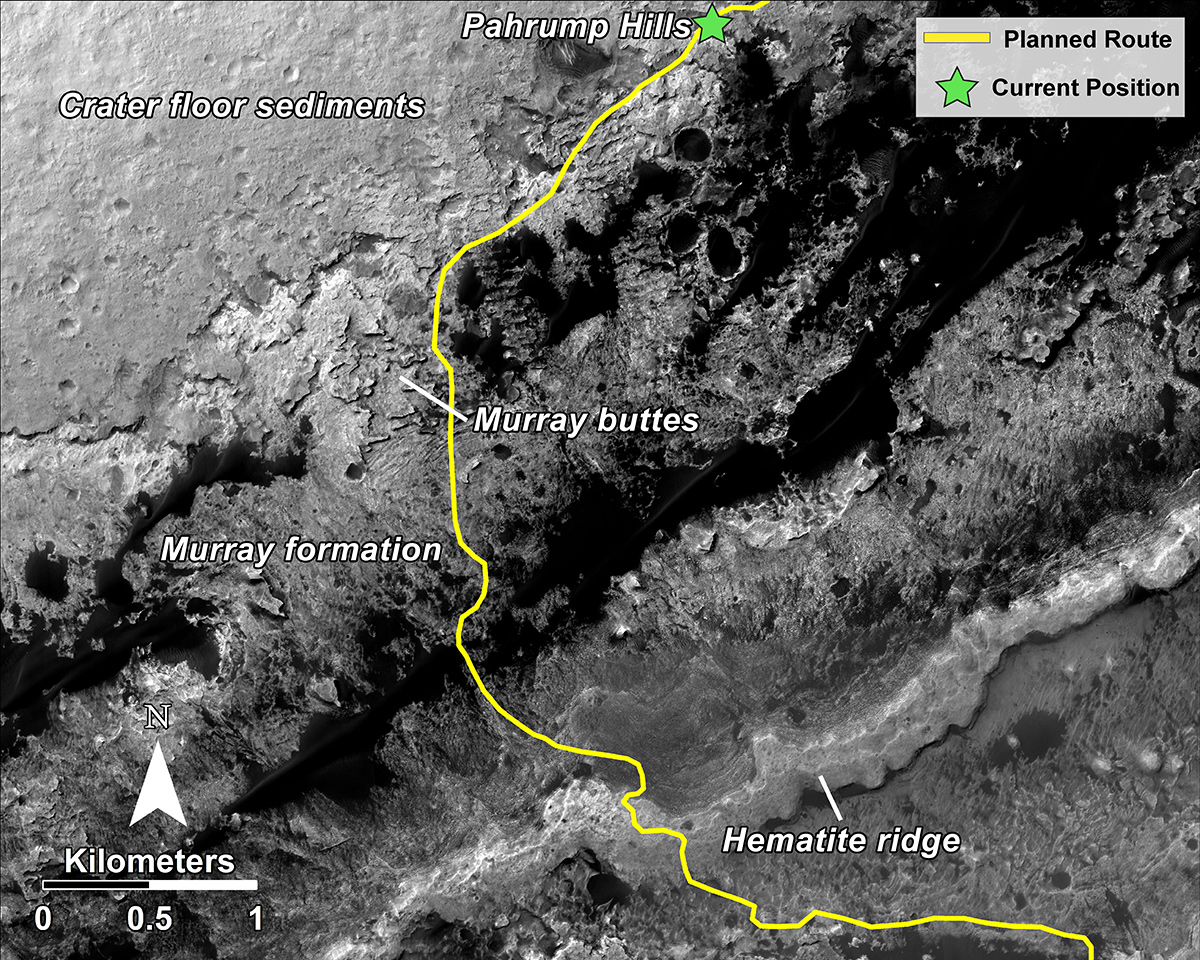 This image shows the planned route (in yellow) of NASA's Curiosity rover from "Pahrump Hills" at the base of Mount Sharp, through the "Murray Formation," and south to the hematite ridge further up the flank of Mount Sharp.  The rover's location is near Pahrump Hills noted with a green star on the top right of the image.
