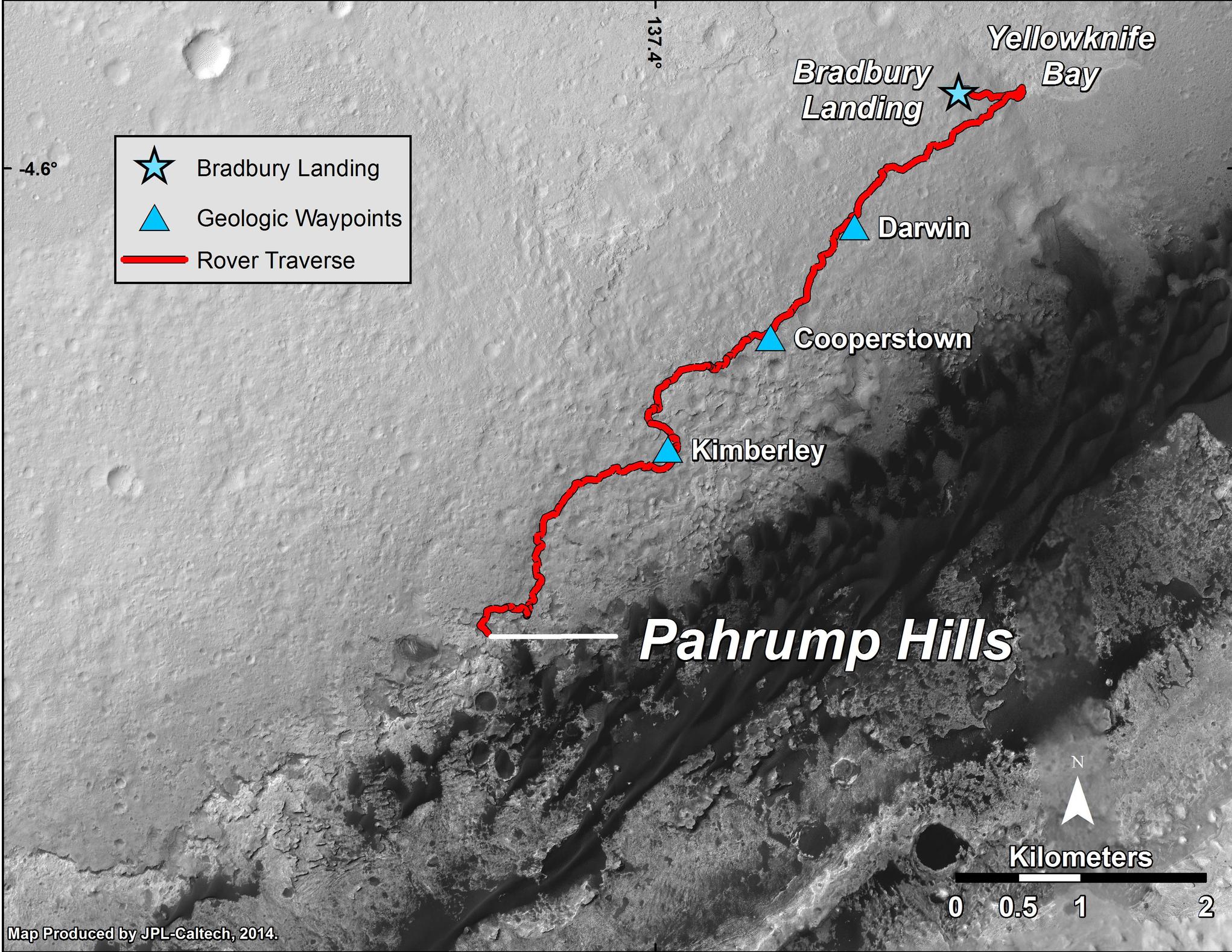 This is a gray base map of the skirt of Mount Sharp.  In red is the rover's path since landing.  Blue stars indication the major stops, Bradbury Landing, Darwin, Cooperstown, Kimberley and Pahrump Hills.