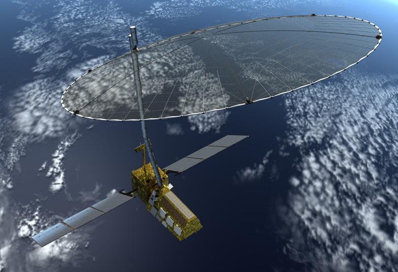 Artist's concept of the NASA-Indian Space Research Organisation's (ISRO) Synthetic Aperture Radar (NISAR) mission, targeted to launch in 2020. NISAR will make global measurements of the causes and consequences of land surface changes.