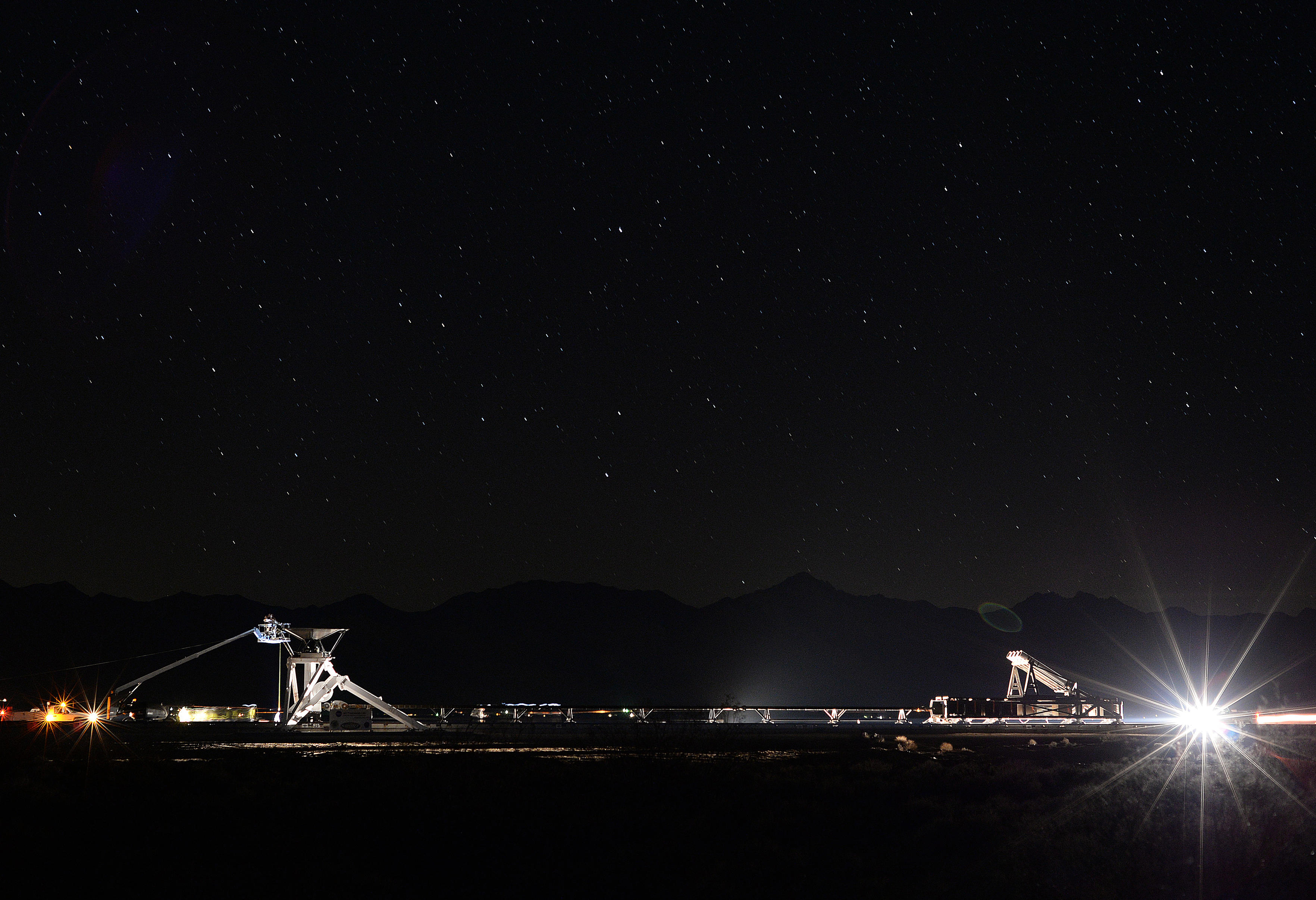 The tools of the rocket sled trade can be seen in this nighttime shot from the Supersonic Naval Ordnance Research Track (SNORT) at the Naval Air Weapons Station China Lake in California.
