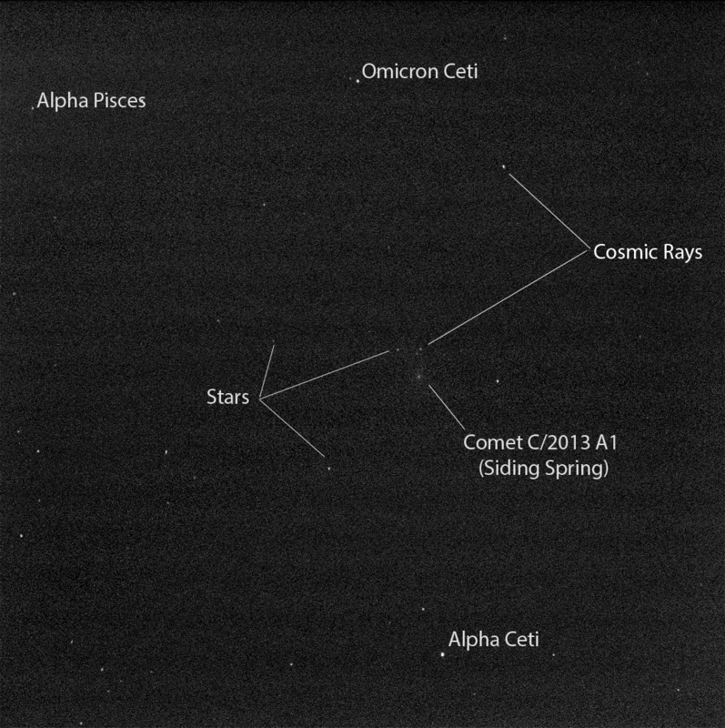 Researchers used the panoramic camera (Pancam) on NASA's Mars Exploration Rover Opportunity to capture this 10-second-exposure view of comet C/2013 A1 Siding Spring as it passed near Mars on Oct. 19, 2014.