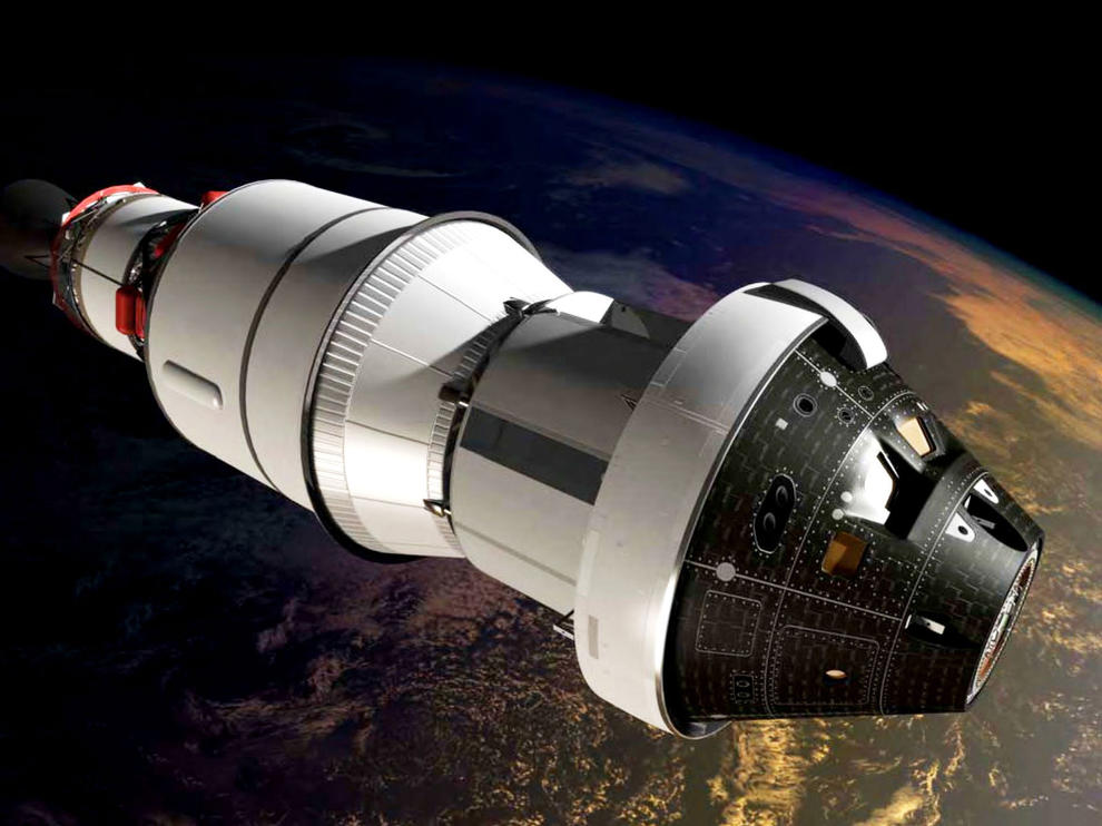 An artist's impression of the first Orion spacecraft in orbit attached to a Delta IV Upper Stage during Exploration Flight Test-1.