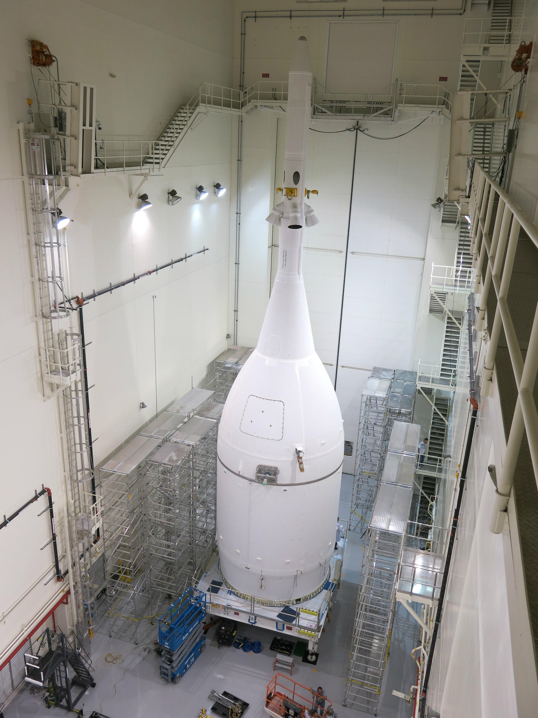 NASA's Orion spacecraft was completed Thursday, Oct. 30, 2014 in the Launch Abort System Facility at NASA's Kennedy Space Center in Florida. It will reside there until Nov. 10, when it will be rolled out to Launch Complex 37 at Cape Canaveral Air Force Station ahead of its Dec. 4 test flight.