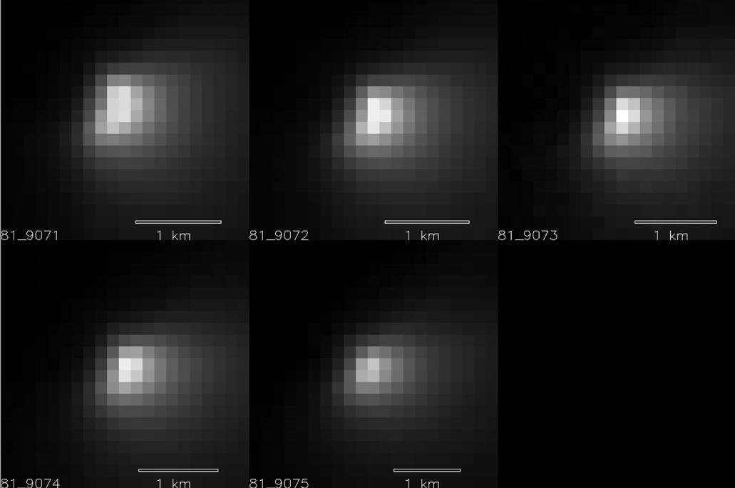 Five images of comet Siding Spring taken within a 35-minute period as it passed near Mars on Oct. 19, 2014, provide information about the size of the comet's nucleus. The images were acquired by the High Resolution Imaging Science Experiment (HiRISE) camera on NASA's Mars Reconnaissance Orbiter.
