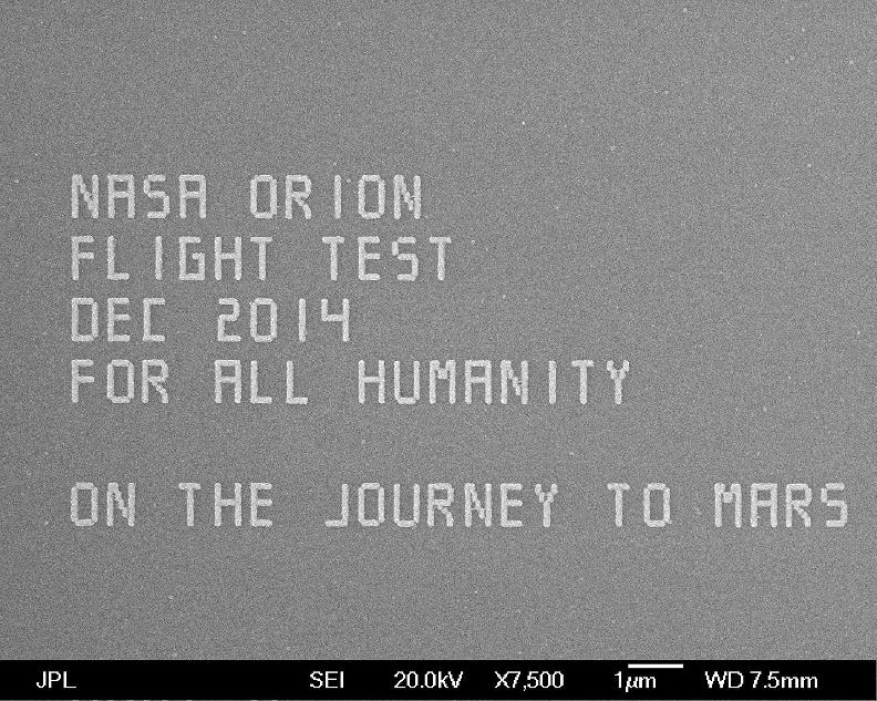 At 7500X magnification, you can see the message on Orion's #JourneyToMars microchip that precedes a list of over 1.3 million names.