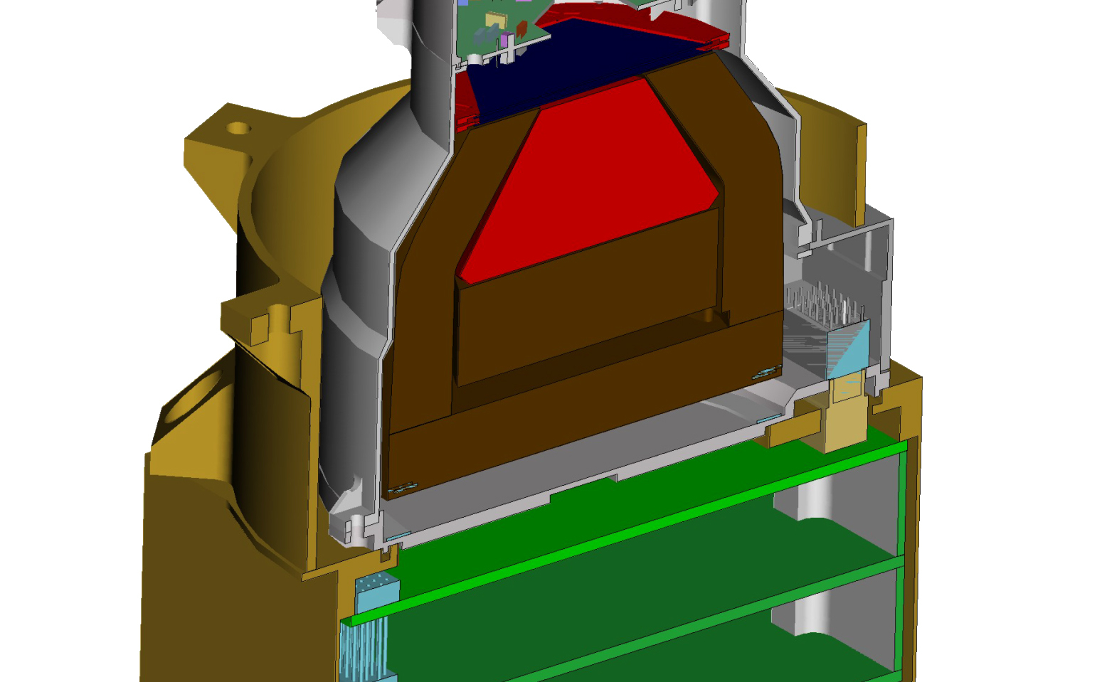 This color sketch shows a cross-section of the interior of a small metal box that supports a cylindrical telescope lens on top. Beneath the telescope lens, inside both the telescope housing and the box, are various detectors and circuit boards that will detect and identify energetic particles.