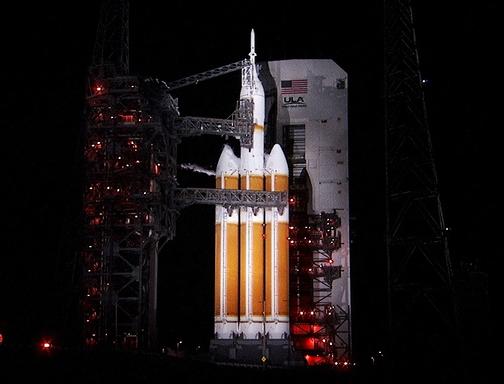 This image was taken on December 4, 2014 with the Orion spacecraft and Delta IV Heavy rocket, awaiting for launch on Space Launch Complex 37 at Cape Canaveral Air Force Station in Florida.