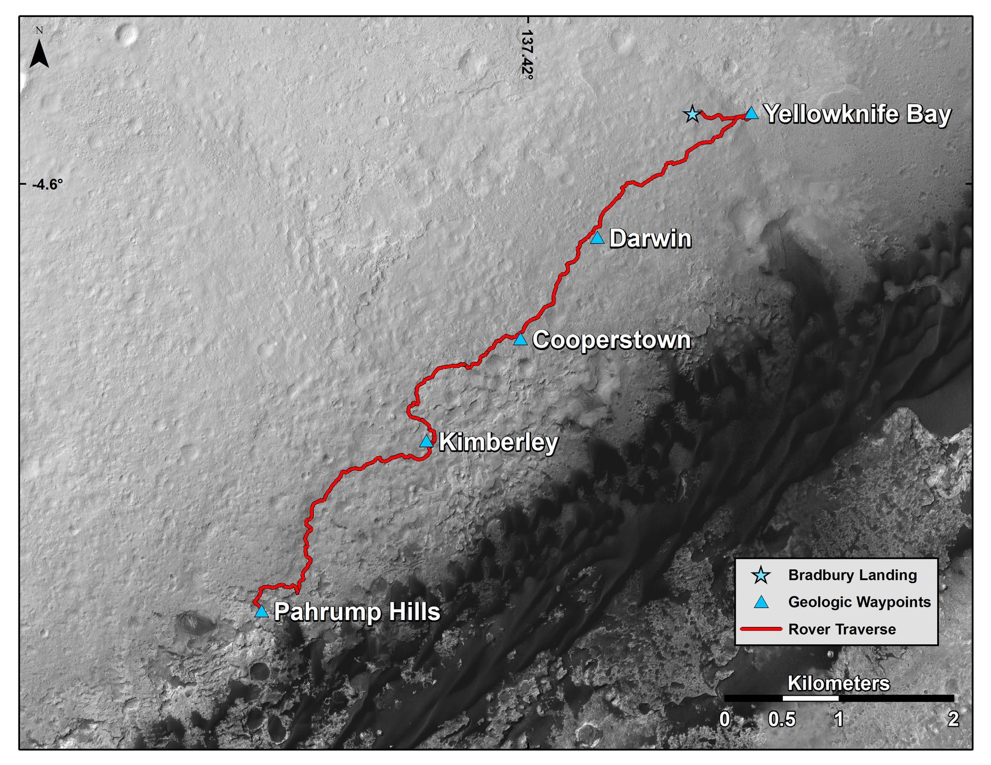 This map shows the route driven by NASA's Curiosity Mars rover from the location where it landed in August 2012 to the "Pahrump Hills" outcrop at the base of Mount Sharp.