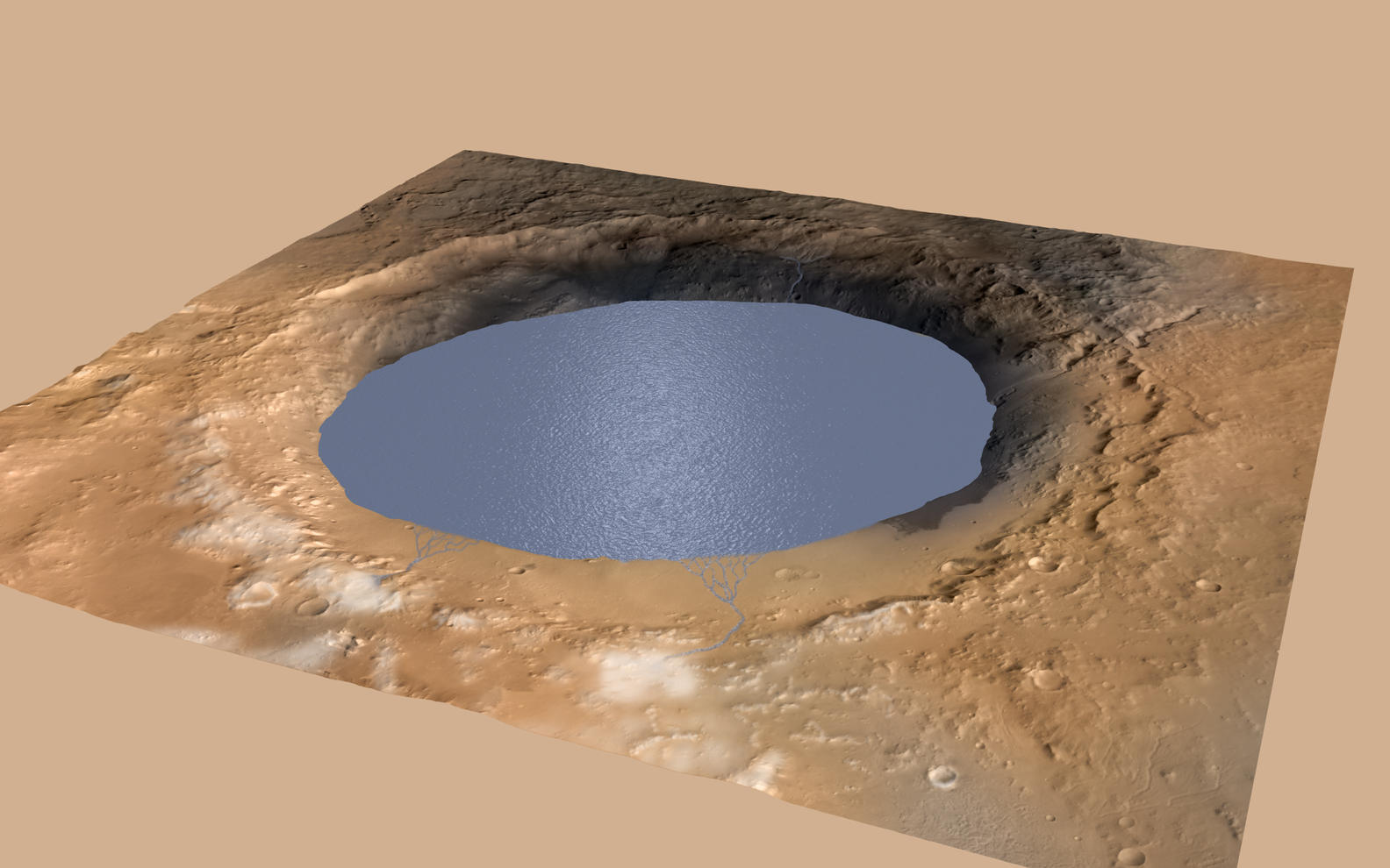 This simulation depicts a lake partially filling Mars' Gale Crater, receiving runoff from snow melting on the crater's rim. Evidence that NASA's Curiosity rover has found of ancient streams, deltas and lakes suggests the crater held a lake such as this more than three billion years ago.