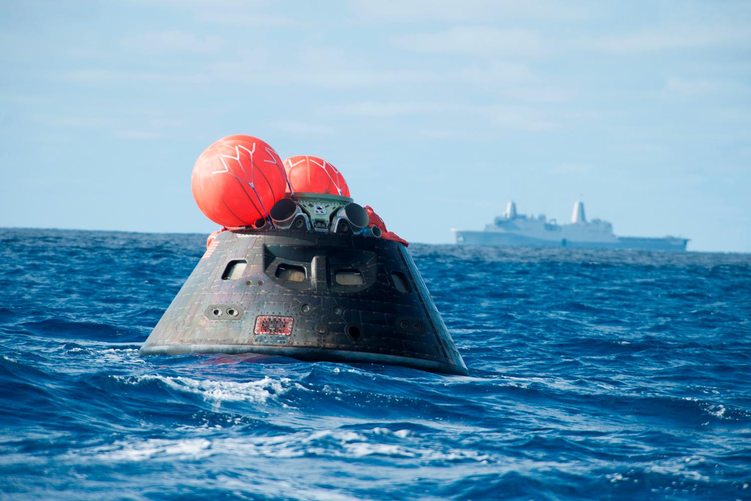 NASA's Orion spacecraft awaits the U.S. Navy's USS Anchorage for a ride home.